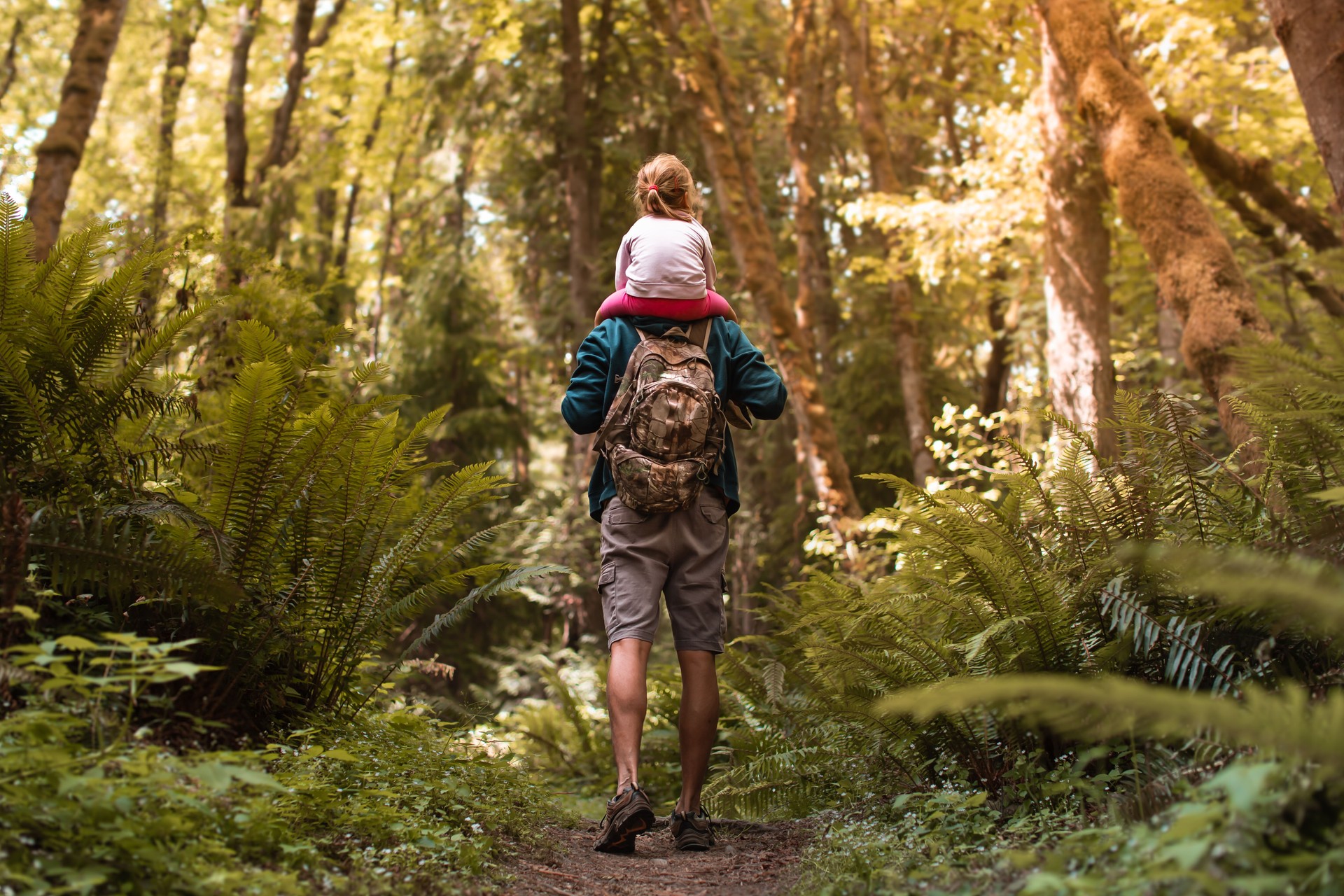 Father is hiking with his daughter through the forest in Washington state.